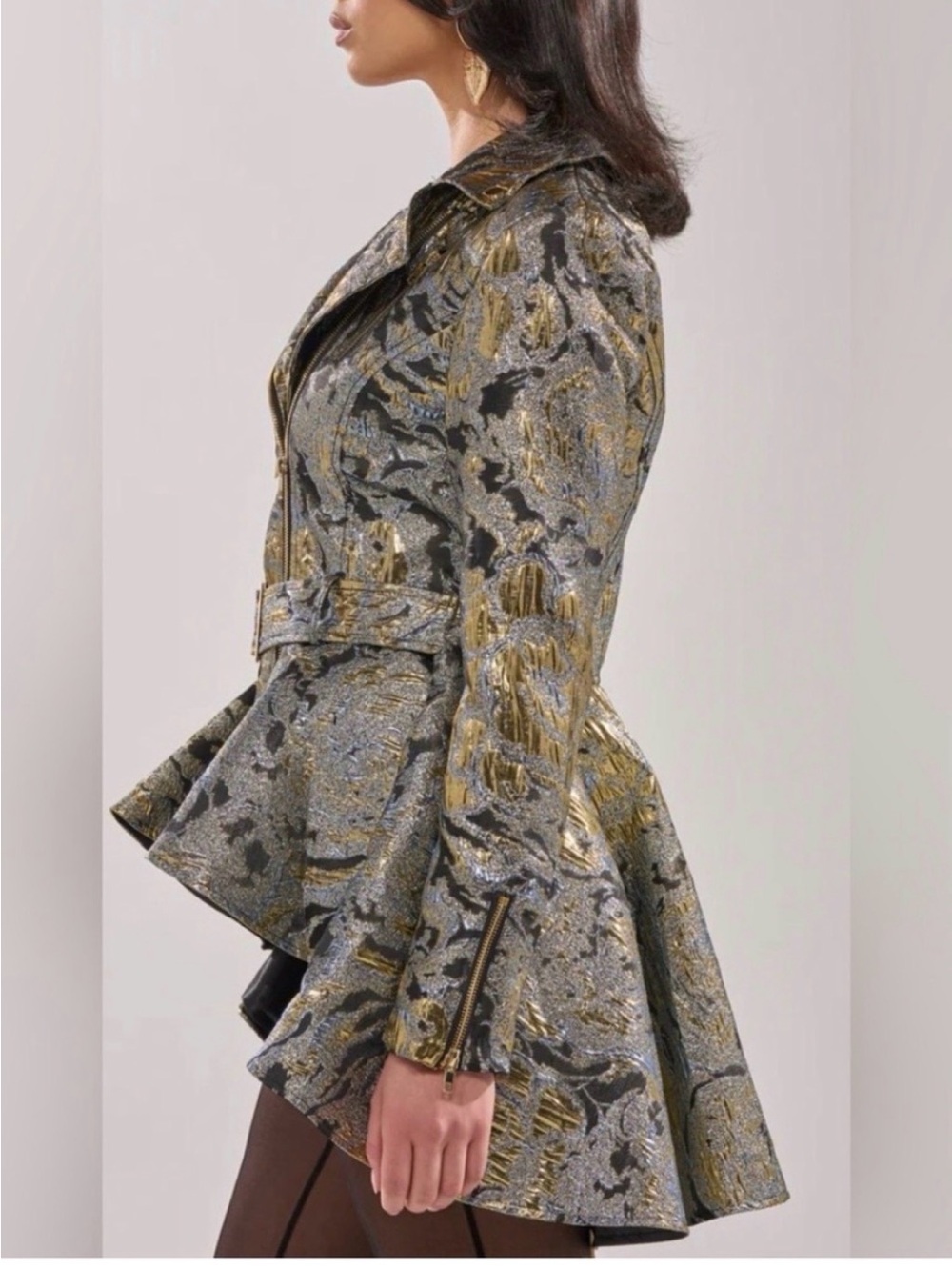 AKIRA Gold and Black Floral Brocade Belted Peplum Jacket - Picture 6 of 6